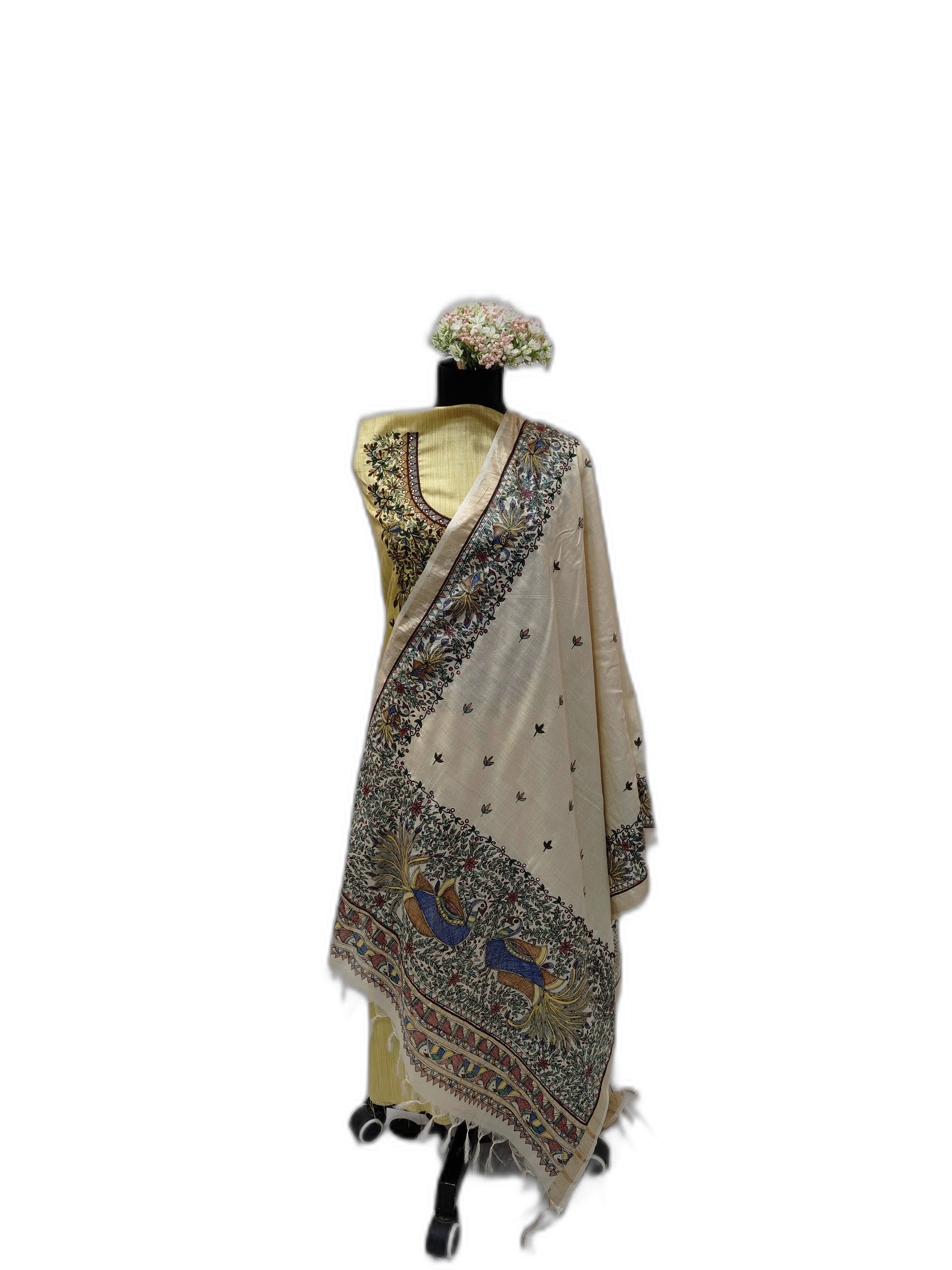 Hand-Painted Madhubani Unstitched Khadi Suit Set with Tussar Dupatta